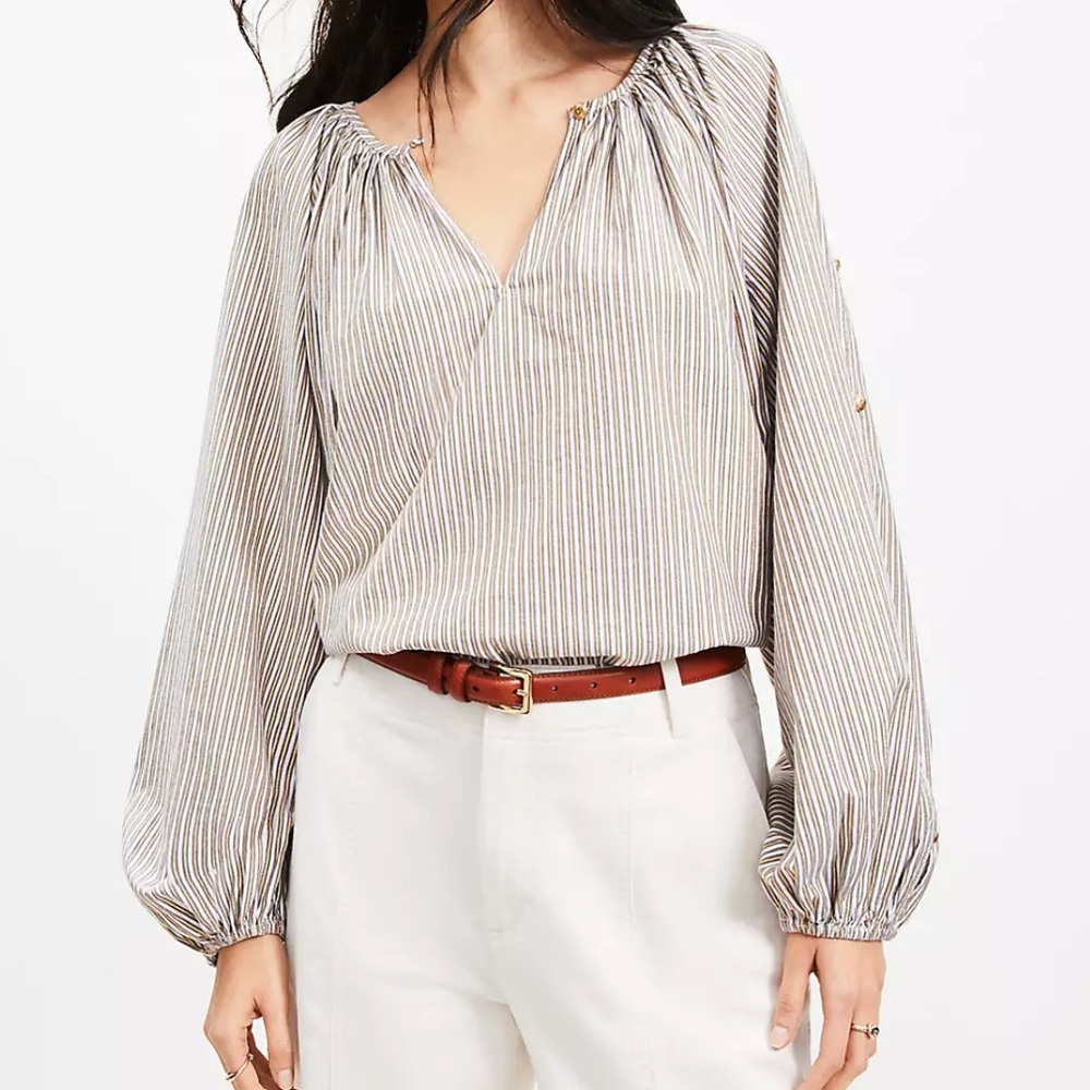 LOFT Cream and Black‎ Striped Peasant Blouse - Picture 2 of 12